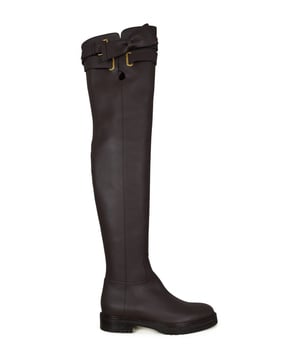 Valentino Oberschenkelstiefel mit Bogen aus braunem Leder.Schnallengürtel und Fliege am Oberschenkel.Gekerbte Gummisohle.Absatzhöhe 3,5 cm.Made in Italy.