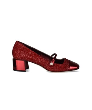 Elisa 45 Jimmy Choo Pumps in Rot mit Pailletten.Quadratische Spitze aus Lackleder.Dünner Riemen mit einer weißen Perle verziert.Geprägtes Logo auf dem Absatz.4,5 cm hoher Blockabsatz.Sohle aus Leder.Made in Italy.