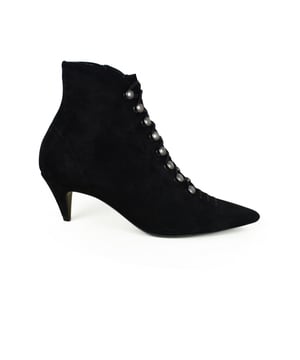 Saint Laurent enkellaarsjes model Ally in zwart suède.Zilverkleurige metalen haakoogjes met veters.Ritssluiting aan de binnenkant.Pitte neus.Hakhoogte 5 cm.Made in Italy.