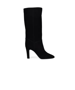 Saint Laurent Stiefel Modell Kidd aus schwarzem Samt.Spitz zulaufende Spitze und Pfennigabsatz.Ledersohle.Absatzhöhe: 9 cm.Made in Italy.