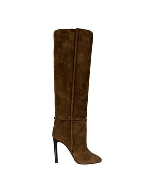 Mica Saint Laurent Stiefel aus braunem Wildleder.Geflochtene Nähte und drapierter Effekt.Absatzhöhe 10,5 cm.Ledersohle.Made in Italy.