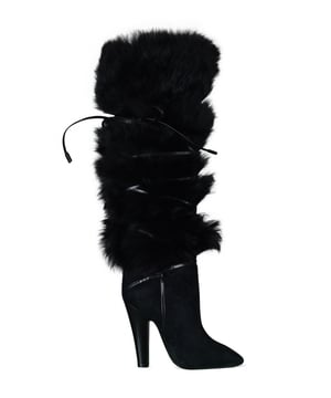 Saint Laurent laarzen model Jokull in zwart suède.Zacht zwart bont.Amandelneus.Leren vetersluiting langs de pijp.Leren zool.Hakhoogte: 11 cm.100% lamsleer.Gemaakt in Italië.