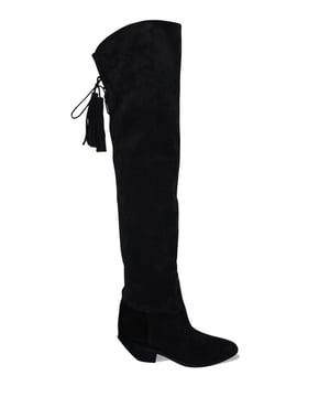 Botas West 45 Saint Laurent en ante negro.Cordones con flecos detrás de la rodilla.Estilo Santiag.Tacón de madera de 4,5 cm.Suela de cuero.Made in Italy.