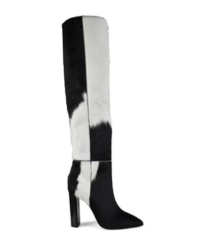 Botas Saint Laurent modelo 76 en potro blanco y negro.Tacón grueso de 10,5 cm.Punta afilada.Suela interior y exterior de cuero.100% piel de becerro.Made in Italy.