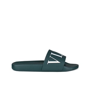 Chanclas de goma verde Valentino VLTN.Logotipo VLTN blanco.Suela de goma con estampado de camuflaje en la parte inferior.Made in Italy.