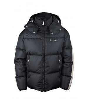 Donkergrijs gewatteerd donsjack van Palm Angels nylon.Afneembare capuchon met trekkoord.Wit logo gedrukt op de borst.Witte band met logopatch langs de mouwen.Hoge kraag.Hoofdritssluiting.Zijzakken met rits.Gemaakt in Italië.