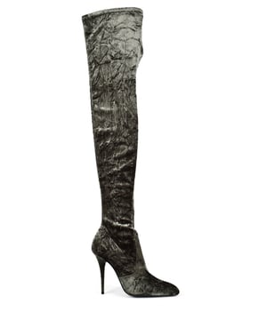 Saint Laurent Oberschenkelhohe Modell Talia mit Pfennigabsatz.Aus graugrünem Samt.Modell zum Hineinschlüpfen.Spitze in Mandelform.Höhe des Absatzes: 11 cm.Sohle aus Leder.100% Kalbsleder.Made in Italy.