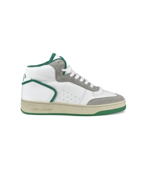 SL/80 hoge sneakers van Saint Laurent.Wit leer en grijs suède.Groene bies.SL 80 gevoerde toonbank met reliëf. Geperforeerd voorblad. Contrasterende rubberen zool.Witte vetersluiting.Gemaakt in Italië.