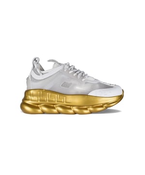 Sneakers Versace Chain Reaction de nailon blanco.Detalles en piel blanca.Logotipo tono sobre tono en el lateral visible.Suela gruesa de goma dorada con efecto de cadena.Símbolo de medusa en relieve en la parte trasera.Cierre de cordones.Puntera redonda.Made in Italy.