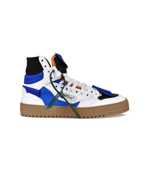 Off-Court  3.0 Sneakers altas Off-White de piel y lona.Detalles en blanco, negro, naranja y azul.Logotipo negro en el exterior. Flechas naranjas bordadas en el interior.Suela de goma.Etiquetas del logotipo en azul oscuro.Cordones blancos.Correa antirrobo verde oscuro.Made in Italy.