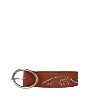 Cinturón Saint Laurent de cuero marrón liso.Hebilla redonda plateada con el grabado de Saint Laurent.Detalles plateados en forma de flores.Tamaño : 4 cm.100% cuero. Made in Italy.