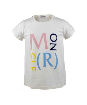 Wit T-shirt van Moncler-katoen.Logo gedestructureerd in het midden gegraveerd in roze, marineblauw, geel en hemelsblauw.Korte mouwen.Gemaakt in Italië.