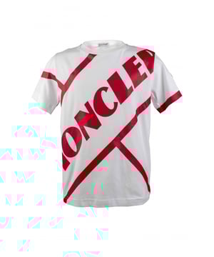 Camiseta blanca de algodón de Moncler.Logo diagonal en el centro y detalles rojos.Parche del logotipo en el hombro.Manga corta.Made in Italy.