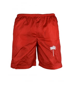Rode Palm Angels-zwemshort van nylon.Wit geborduurde palmboom op de voorkant.Heeft 3 zakken.KlepzakkenTrekkoord in de taille.Zwart logolabel aan de zijkant.Volledig gevoerd.Gemaakt in Italië.
