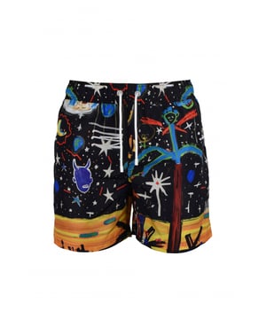 Bañador de poliéster negro de Palm Angels.Estampados gráficos multicolores  Starry Night  por todo el conjunto.Cintura elástica con cordones blancos.Bolsillos laterales.Bolsillo trasero.Made in Italy.