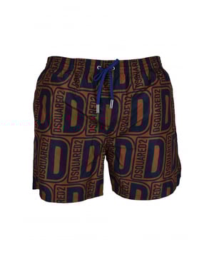 Shorts de baño marrones en nailon Dsquared2.Estampado monograma azul marino.Bolsillos con aberturas laterales.Cintura elástica.Cordón de ajuste azul.Forro de malla.Composición: 92% poliamida - 8% elastán.Made in Italy.