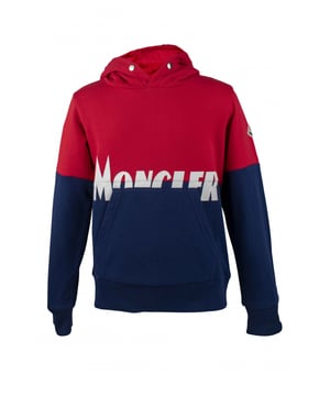 Sudadera con capucha de algodón roja y azul de Moncler.Parte superior de la sudadera roja.Parte inferior de la sudadera azul.Logotipo blanco en el centro.Bolsillo canguro.Mangas largas.Made in Italy.