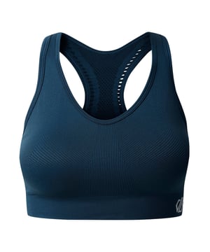 50% Recycled Polyamide, 45% Polyamide, 5% Elastane. Design: Logo, Plain. Fabric Technology: Breathable, Moisture Wicking, Odour Control, Q-Wic Plus, Quick Dry, SeamSmart Technology. Laser Cut, Medium Support, Removable Padded Cups, Seamless. Back Style: Racerback. Fit: Form-Fit. XS: 30 in. S: 32 in. M: 36 in. L: 38 in. XL: 40 in.