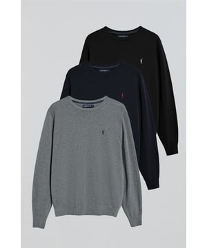 Eleganz ist Ihnen sicher mit unserem Pack mit drei Herrenpullovern in Marineblau, Schwarz und Weiß mit Rundkragen aus Baumwolltrikot. Seine reguläre Passform passt sich allen Körpertypen an. Rippbündchen an Kragen, Ärmeln und Taille sorgen für einen perfekten Sitz. Das dezente marineblaue Nahtband am Kragen mit eingraviertem Polo Club Logo unterstreichen die Eleganz dieses Pullovers. Charakteristische Stickerei unseres Rigby Go-Logos in Kontrastfarbe auf der Brust. Kombinieren Sie ihn mit einer Jeans für einen legeren Look oder einer Chinohose für ein eleganteres Outfit.