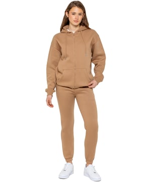 Conjunto de chándal con capucha extragrande para mujer Enzo. Conjunto de sudadera tipo jersey con capucha y pantalón de chándal. Sudadera con capucha extragrande y joggers de corte regular con diseño de puños y forro polar interior cepillado en la parte posterior. Ajuste relajado de gran tamaño para uso informal. Chándal esencial para estar en casa.
