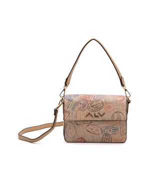 Dames schoudertas met drukknoopsluiting. twee rits- en twee open binnenzakken. afwezige externe zakken. verstelbaar in lederen schouderband. met leren handvat. een binnencompartiment.  extern materiaal. 100% polyester binnenkant. Afmetingen: 20x5x16 cm. Modeproduct