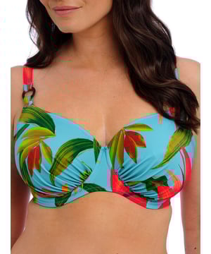 Fantasie Pichola Full Cup Bikini Top. Gathered detail with concealed side sling. Lined wings and fixed fully adjustable straps. Product is hand wash only.
