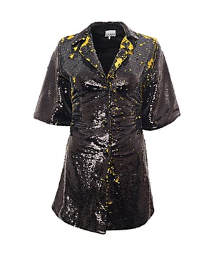100% polyester Sequinned polyester mesh dress.? Open spread collar? Button closure? Gathering at waist? Full satin lining