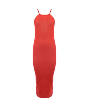 88% Viscose &amp; 12% Silk The Rick Owens Skorpio Midi Dress is crafted from a lightweight viscose and silk blend. The dress features a square neck, spaghetti straps, a central seam at the front and back, and a raw edge hem. It is made from FSC-certified ribbed jersey