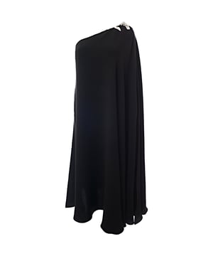 100% silk Made in Italy from smooth silk-cady, it has a one-shoulder neckline embellished with gold-tone 'VLOGO' hardware and a draped back that subtly fans out while you walk. Accessorize minimally with earrings and a dainty bracelet