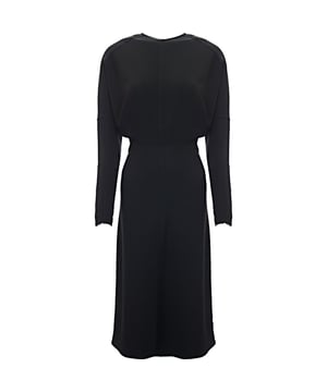 50% Viscose, 47% Acetate &amp; 3% Elastane Cut from fluid, mid-weight cady in inky black, the Dolman Sleeve Midi excudes off-duty ease. The voluminous, draped shoulders bring a sense of softness and movement, while the fitted waist and narrow sleeves bring a structure that looks elegant both day and night