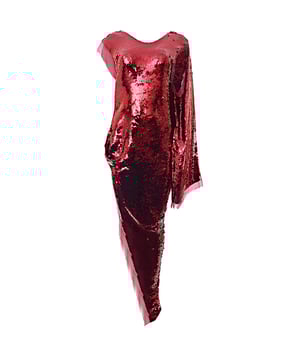 100% Silk A Rick Owens sequin dress with an asymmetric hem, side split and frayed trims. In a mid-weight fabric that's non stretchy