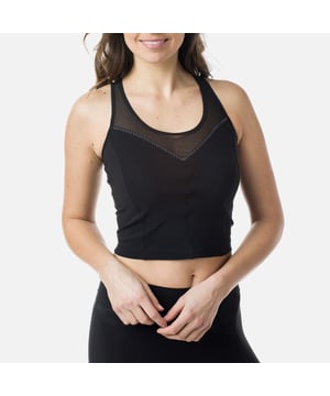 Main Fabric: 72% Polyamide 28% Elastane
Insert: 69% Polyamide 31% Elastane. Made from aÂ stretchyÂ polyamide and ethyleneÂ fabric, this top has aÂ short tank top styleÂ that can be worn alone. It'sÂ versatileÂ in that it can be worn in the yoga studio or the gym, as long as the activity isn't too intense since it offers aÂ low-intensity fit