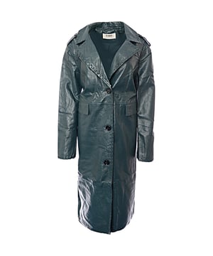 Made from leather, this item has long sleeves and a collared design.