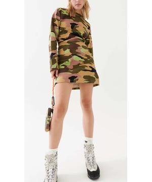 40% Cotton, 34% Organic Cotton &amp; 26% Polyester. Mini dress in a camo print. Long sleeves and a rounded neckline