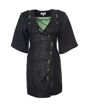 38% Wool, 34% ME PES, 25% REC PES &amp; 3% PAThis Sparkle Mini Dress features a collar, a GANNI Butterfly button closure, short sleeves and an embroidered GANNI logo