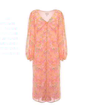 Main: 100% Polyester. The Pretty Lavish balloon sleeve midaxi dress in pink and orange abstract floral is a stunning piece that captures the essence of summer with its vibrant colors and airy design. The lightweight chiffon material, combined with the balloon sleeves and fabric-covered button detailing, offers a perfect blend of comfort and style. This dress is ideal for those sunny days out or a chic garden party, providing a fresh and summery feel that's both elegant and playful. Whether you're looking to make a fashion statement or simply enjoy the warm weather in style, this dress is sure to turn heads and uplift your spirits.????