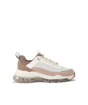 The KG Kurt Geiger Legit Lace Up is a pink sneaker with tubular lace up front. There are two KG Kurt Geiger branded tape tabs on the tongue and heel. The sole is in a pink bubble style.