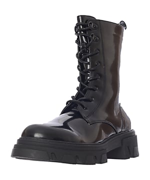 Made from black faux leather, this shiny item includes laces for added style.