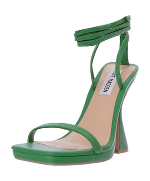 The Steve Madden Lafayette ankle wrap platform sandals in green are a bold fashion statement, perfect for those who love to stand out. With their vibrant green hue and distinctive ankle wrap design, they offer both style and comfort. The platform heel adds a touch of retro flair, while providing stability for all-day wear. These sandals are a great choice for adding a pop of color to any outfit, whether you're heading to a brunch or a night out with friends.. Upper: 100% Polyurethane, Lining: 100% Polyurethane, Sole: 100% Rubber
