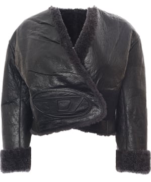 100% Lambskin Crinkled lambskin jacket featuring a velcro tab closure, rolled cuffs and a logo embossed on the front