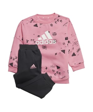 When they're comfortable, toddlers are free to follow their curiosity. Let them get straight to exploring with this infants' easy-on sweatshirt set from adidas. Made from soft, brushed fabric, it offers plenty of warmth for little ones who like to investigate the outdoors. The sweatshirt has batwing sleeves for a roomy feel. Snap buttons at the shoulder help you get tiny tots dressed and out the door in no time.  - Regular fit with mid rise - Ribbed crewneck with shoulder snap-placket - 70% cotton, 30% polyester (recycled) - Brushed fabric - Sweatshirt: Long body with batwing sleeves - Sweatshirt: adidas-themed graphics - Sweatshirt: Ribbed cuffs - Pants: Elastic ribbed waist and cuffs  Shipped by adidas