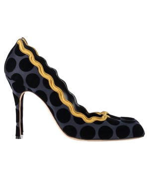 VINTAGE, RRP AS NEW
The Manolo Blahnik Polka Dot Scalloped Pumps in Navy Blue Satin are the perfect blend of playful elegance and timeless sophistication, featuring a charming polka dot pattern and delicate scalloped edges. Crafted from luxurious navy satin, these pumps offer a refined yet fun aesthetic that stands out in any wardrobe. The classic navy color adds versatility, making them easy to pair with both bold and neutral tones. Style them with a sleek shift dress or tailored trousers for a chic, fashion-forward look that captures both elegance and whimsy.

 Manolo Blahnik Polka Dot Scalloped Pumps in Navy Blue Satin

Condition: Very good
Signs of wear: Include Box., Minor markings, Lightly used but very well maintained. Minor mark at soles & creasing, light scuffing at the soles and heels.
Packaging: Box
Color: Navy blue
Material: Satin
Size: IT | 40
Measurements: Heel height: 90; Insole length: 280
SKU: NAPPUGBSH462713W
