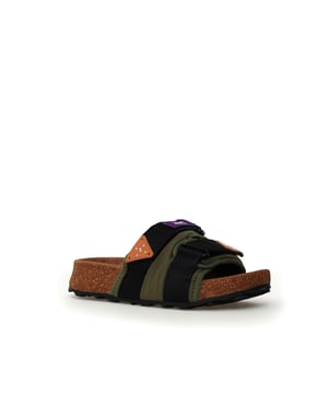 Slide sandals with adjustable straps and a durable technical nylon fabric band. Anatomical cork insole with superior moisture absorption and antibacterial properties for all-day comfort. Non-slip rubber sole ensures stability and durability.