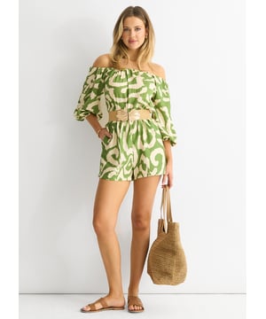 Dress to impress in our Green Abstract Belted Bardot Viscose Playsuit. Featuring an eye-catching abstract design and a flattering belted waist, this playsuit is perfect for any special occasion. Made with soft and lightweight viscose fabric, you'll feel comfortable and elegant all day or night.