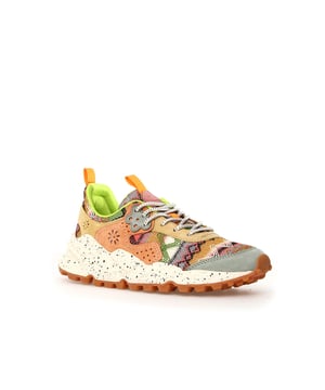 Sneaker with a breathable knitted fabric upper, featuring geometric embroidery and premium suede inserts. Soft fabric lining and antibacterial cork insole for enhanced comfort. Durable rubber sole for reliable traction and long-lasting wear.