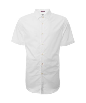 The PS Paul Smith Men's Tailored Fit Formal Short-Sleeve Shirt in white is a refined and elegant choice. Made from 100% cotton, it features a tailored fit for a sharp, polished appearance. This shirt is perfect for formal events, with its crisp drape and classic button-down collar.