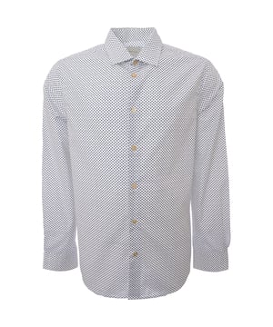 The Paul Smith Men's S/C Slim Fit Shirt in white is tailored from 100% cotton for breathable comfort. Featuring a slim fit, it embodies sophistication with a modern edge, suitable for formal and casual settings alike.