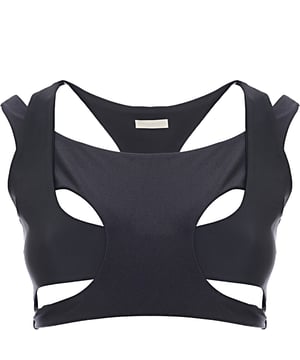 80% Polyamide, 20% Elastane This sports bra offers lightweight support during low-intensity workouts. It's made from recycled sweat-wicking stretch fabric to a layered cut-out design. The racer back allows for a full range of movement