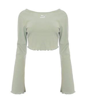 Main: 100% Cotton. The Puma Classic long flare sleeve scoop back crop top in light green is a stylish and versatile piece that's perfect for both active days and casual wear. Its form-fitting design and contrasting panels add a sporty touch, while the scoop back offers a hint of elegance. Made with a blend of cotton and elastane, it promises comfort and flexibility, making it an excellent addition to any wardrobe. Whether you're heading to the gym or meeting friends, this crop top combines fashion with function in the most delightful way.