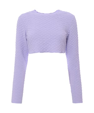This top is made of 96% Polyester and 4% Elastane, featuring a crew neck, long sleeves, cropped length, and skinny fit.
